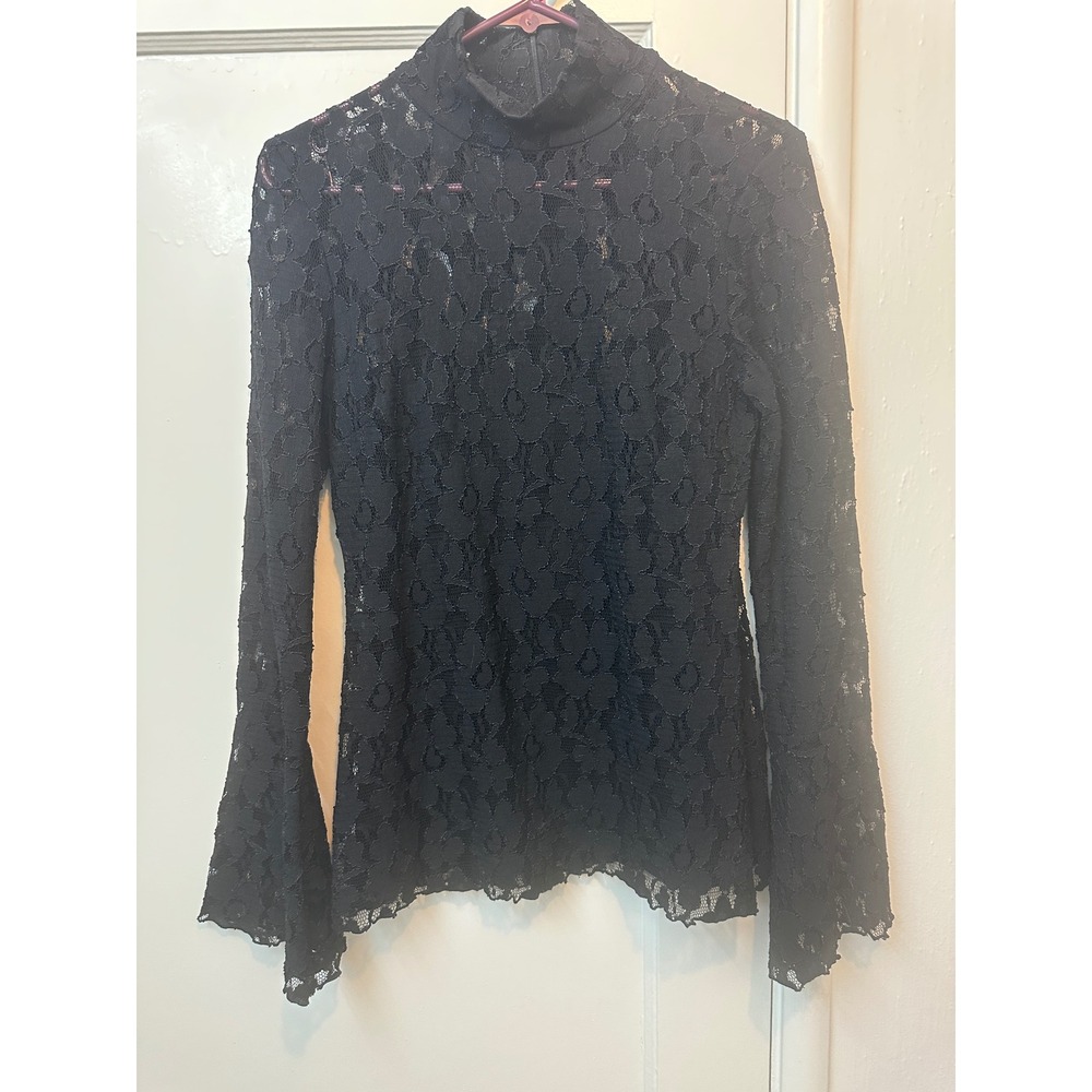 INC International Concepts Womens Black Floral Lace Mock Neck Bell Sleeve Top M